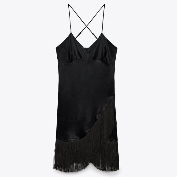 ZARA  Black Fringed Slip Dress New - Picture 4 of 7